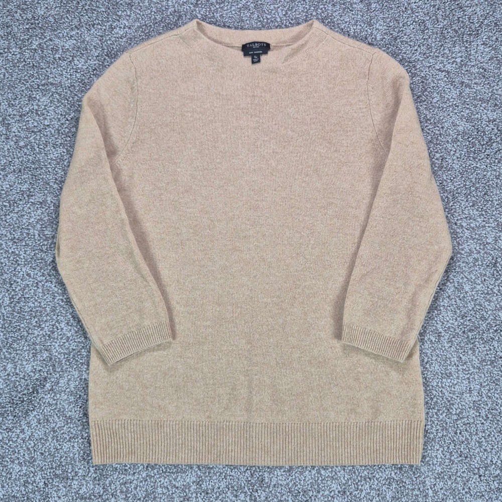 Talbots 100% Cashmere Sweater Women SP Small Petite Tan Crew Neck 3/4 Sleeve